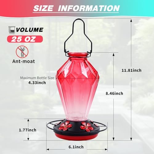 MCHBF Glass Humming Bird Feeders for Outdoor Hanging,Red 24oz and 25oz