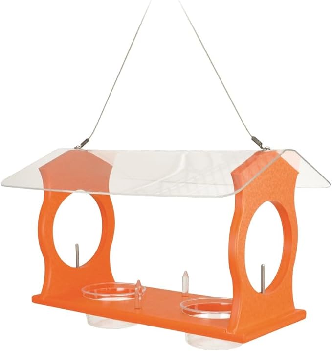 Songbird Essentials SERUBOR100 Oriole Diner Bird Feeder, Recycled Orange Feeder with Clear Roof and Jelly Cups