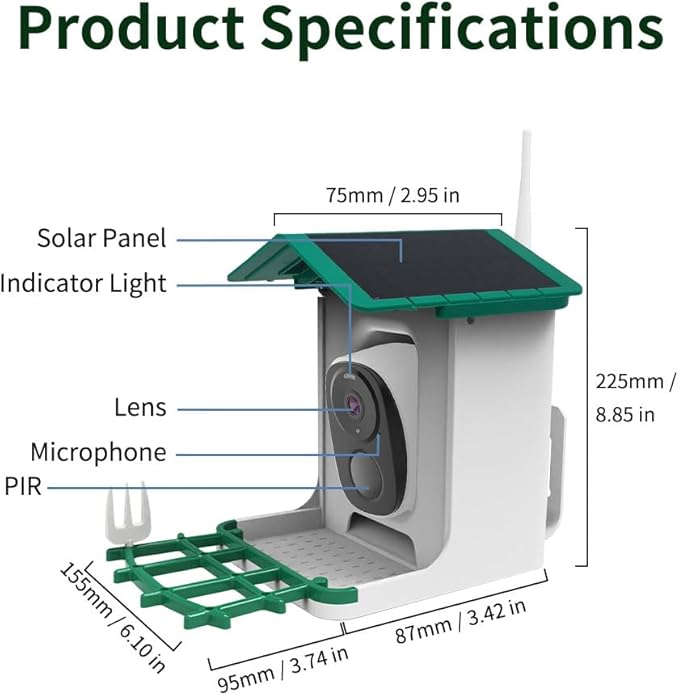 Smart Bird Feeder with Camera Solar Powered & AI Bi rd Identification, 3MP Ultra HD.2.4Ghz WiFi Bird feeders for Outdoors,2.1L Capacity, IP65 Waterproof,Mobile Remote Control,Full-ColorNight Vision