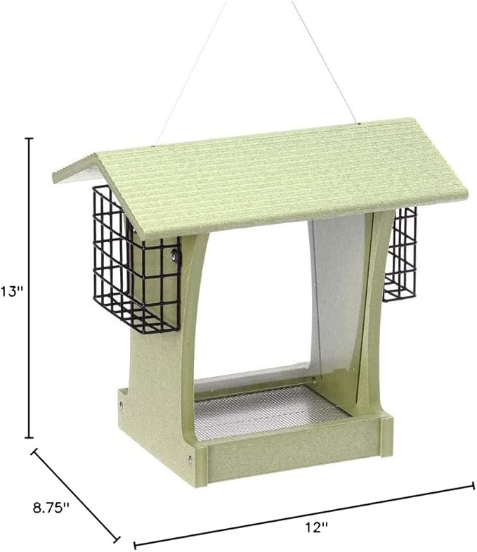 Birds Choice GSHF300S Tall Hopper Feeder with Suet Cages, Recycled Hanging Bird Feeder, 5 Quarts, Green
