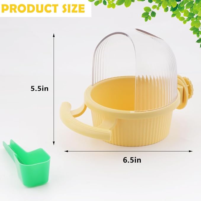 1 Pack Bird Cage Feeder No Mess Dispenser Cup with Perch for Parakeet Budgies Cockatiel Lovebird Small Birds (Yellow)