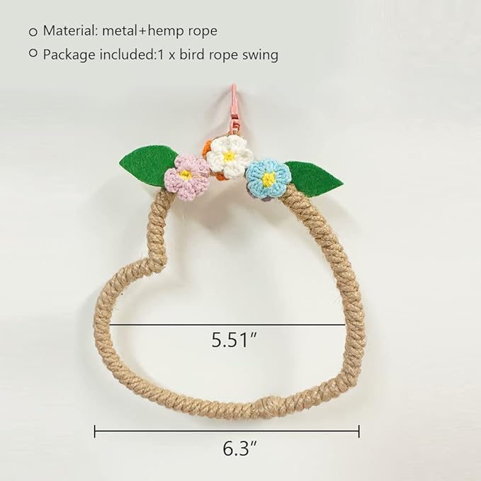 La La Pet® Bird Rope Swing with Hanging Hook Bird Rope Perch Bird Swing Perch Bird Perch Stand Bird Cage Toy for Parrot Budgie Parakeet Cockatiel Cockatoo Conure Heart