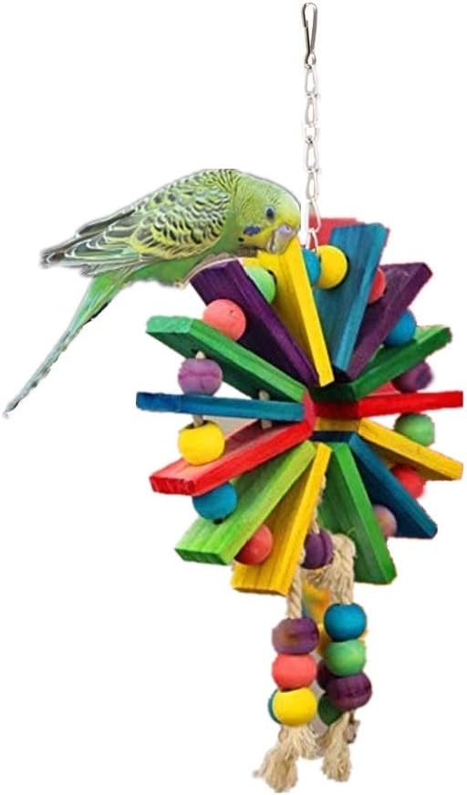 Litewoo Parrot Hanging Chew Toy Bird Bite Swing with Colorful Wood Beads Bells for Parrot Macaw African Greys Cockatiels Cage Accessories (Colorful Wood Toy)