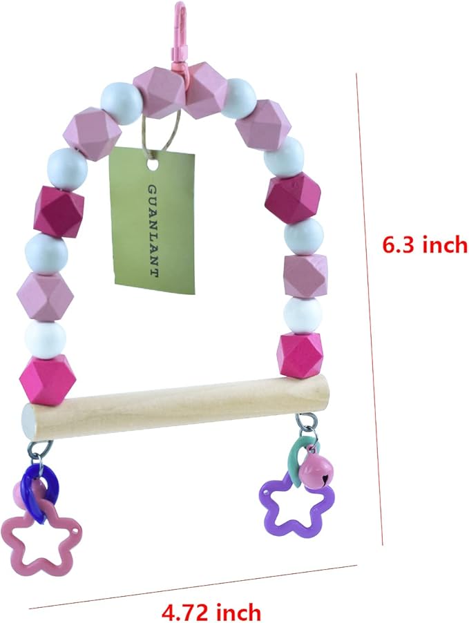 Bird Swing Perch, Birdcage Swing for Small Birds, Parrot Wood Stand Colorful Bead Swing with Bell, Hanging Bird Cage Toy, Parakeet Stand Climbing Toy for Lovebirds Conures Cockatiels Budgies