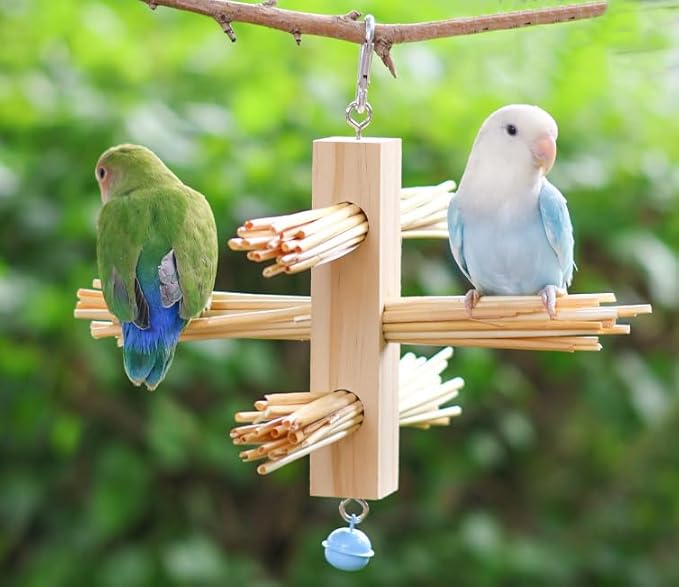 Parrot Toy Cage Perch with Wheat Straw Chewing Toy Pine Wood Foraging Toy