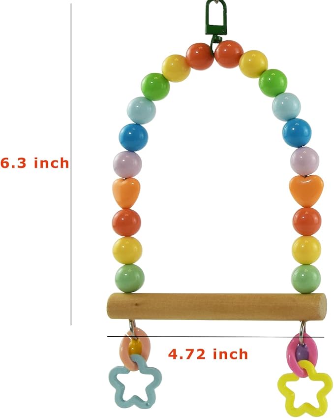 Bird Swing for Small Birds, Parakeets Cage Wooden Perch Birdcage Stands, Parrot Colorful Acrylic Beads Swings Toy with Bell Playground Gym Accessories Training Toys for Lovebirds Budgies