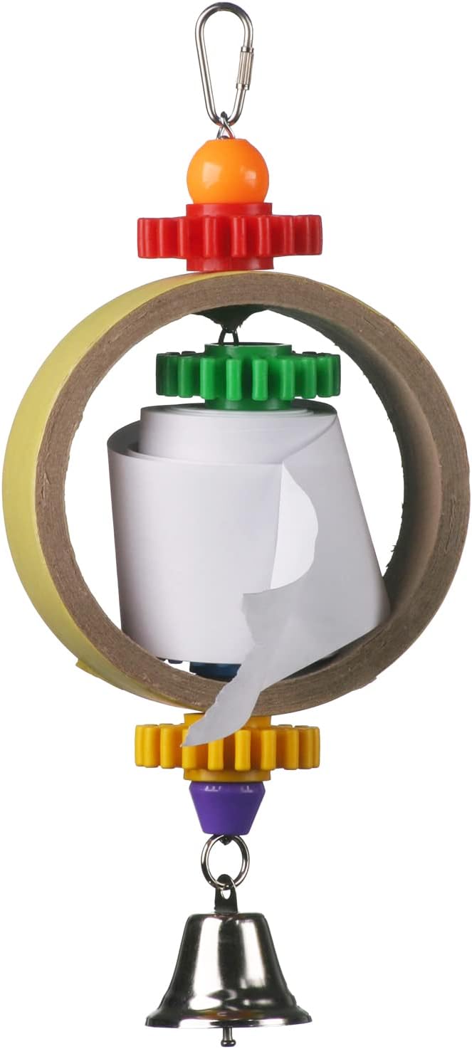 Super Bird Creations SB628 Tape Dispenser Bird Toy - Cardboard Bagel with Machine Paper, Chewable & Shredding Components, Sensory Bell, African Greys Parrots Small Cockatoos, Large Bird Size 14"x5"