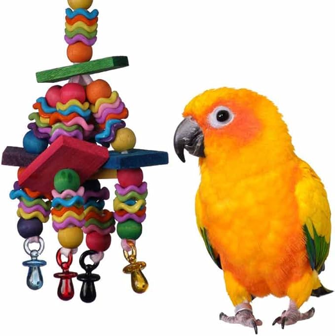 Super Bird Creations SB736 Wiggles and Wafers Bird Toy - Interactive Enrichment for Parrots, Quakers, Caiques, Pionus, Senegals - Wooden, Acrylic Beads, Pacifiers - Medium Bird Size, 3” x 5” x 9”