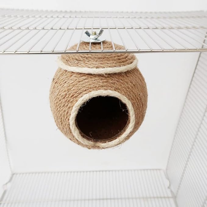 Sugar Glider House Natural Coconut Shell Hemp Rope Hut Hide Out Nest for Sugar Glider Hamster Squirrel Bird Parakeet,Cage Habitats Decor, Bird Cage Toy (Screw Fixed)