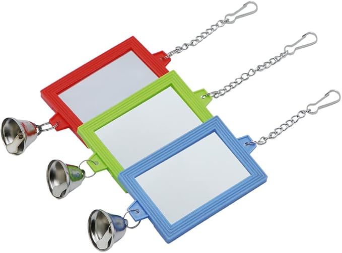 Litewoo 3-Piece Parrot Mirror Toys with Bell Pendant Toy for Bird Parakeet Cockatiel Budgie Conureļ¼Squareļ¼