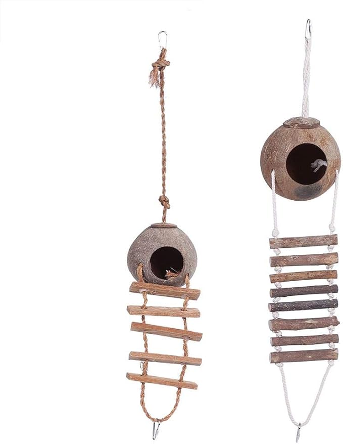TOPINCN Coconut Shell Bird House with Rope Ladder, 24 Inch Height, Parrot Nesting Box for Climbing and Playing