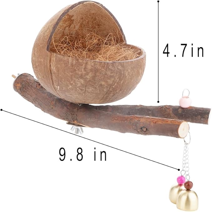 VTurboWay Natural Coconut Shell Bird Nest with Coconut Mat Breeding House Hut Cage with Perch Bell Home for Small Bird Parrot Cockatiel Conure Lovebird Canary Finch