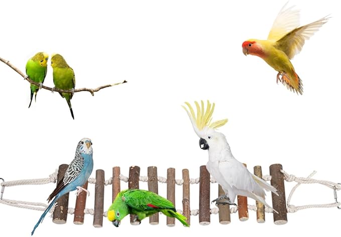 Joyzan Rope Ladder Bird Toy, Wood Stairs Climbing Activity Attachment Natural Wooden Step Swing Hanging Chewing Pet Bridge Cage Birdcage Lovebirds Rodent Parakeet Parrot Cockatiel Gecko Hermit Crab