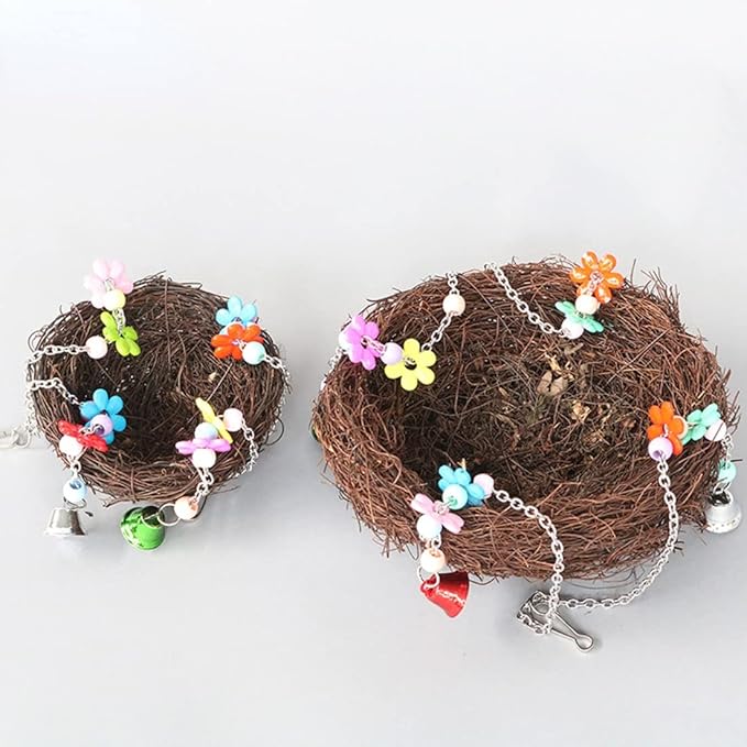 Natural Rattan Nest Small Medium Large Bird Swing with Bells for Parrot Parakeet Cockatiel Conure Cockatoo Macaw Amazon African Grey Lovebird Finch Canary Budgie Cage Perch Toy (Large)