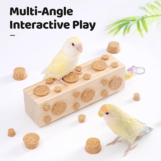 2 Pcs Wooden Bird Chew Toys - 7.9 Inch Hanging Parrot Toys, with 92 Detachable Corks, Relieve Boredom & Anxiety, Foraging Toys, for Parakeet, Cockatiel, Conure, Budgie, Lovebird