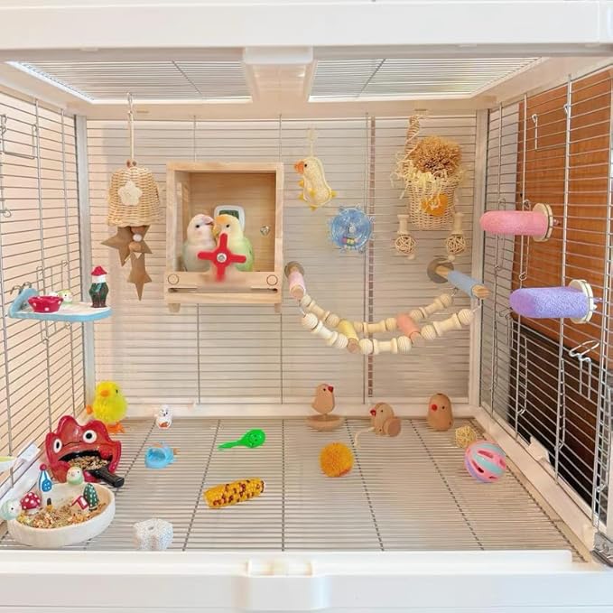 4-Step Colorful Bird Ladder Perch with Screws for Parakeets Cockatiels Lovebirds — Natural Wood & Cotton Rope Climbing Toy for Bird Cage (Screw-Mounted)