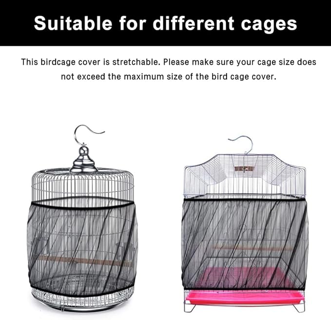 Universal Bird Cage Seed Catcher, Elasticity Airy Gauze Guard Net Cover, Soft Parrot Mesh Skirt Cover, for Round Square Cages (Black, L)