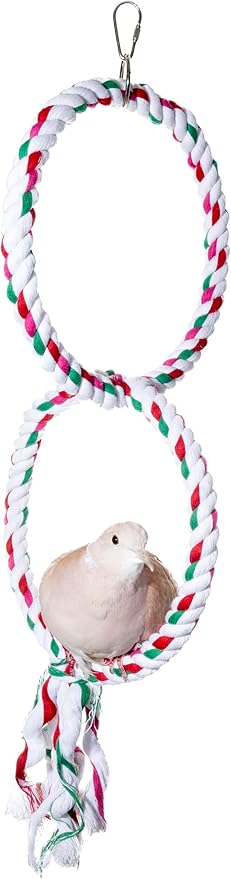 Double Hoop Bird Swing - Cotton Rope Hanging Perch Rings, Climbing Swing & Toy for Parrots, Budgies, Parakeets, Cockatiels, Conures - Large Bird Swing Toy & Cage Accessory
