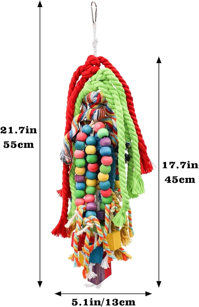 Large Bird Chewing Toys, 21.7 × 5.1 inch Parrot Shredding Wooden Block and Cotton Rope Toys, Cage Accessories for Small to Large Birds Cockatiel Parakeets Lovebirds Conure Macaw African Grey Amazon