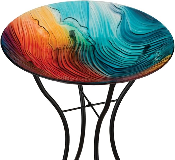 Regal Art & Gift Bird Bath with Stand - Durable Glass Bowl with Heavy-Duty Metal Stand, Easy to Fill, Ideal for Patio, Porch & Garden Décor - Swirl Multi