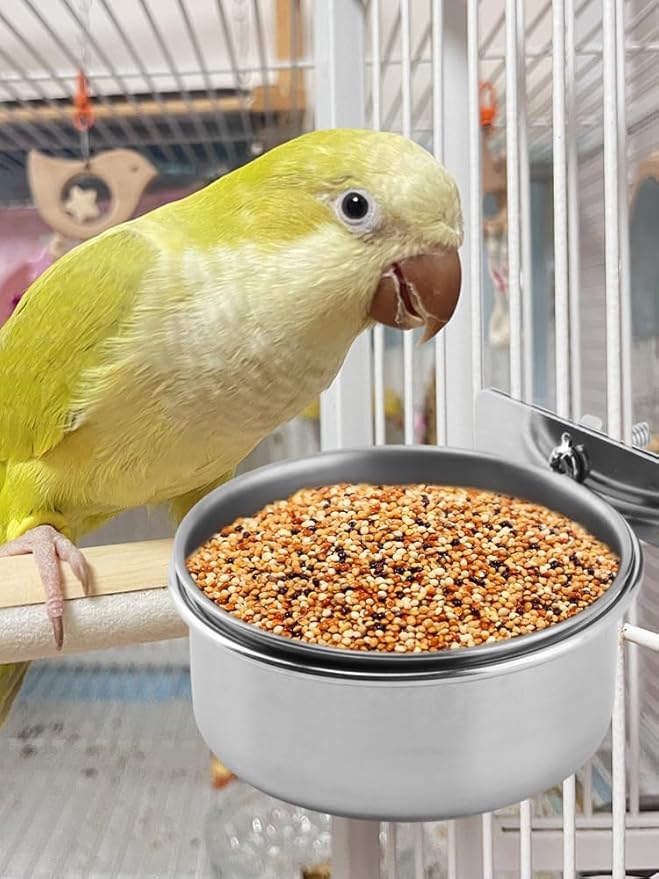 2Pcs Stainless Steel Bird Feeding Bowls with Feeding Spoon,Parrot Food Bowl Cage with Clamp Holder,Birdcage Coop Water Feeder for Cockatiel Parakeet Macaw Finches Small Animals