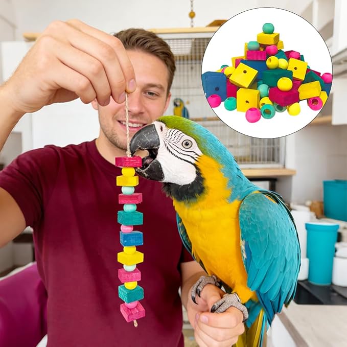 Bird Toys, 100 Pcs Multi-Color DIY Wooden Blocks, Chewing Playing Training Toy for Cockatoos, Macaws, African Grey, Small Medium Parrots