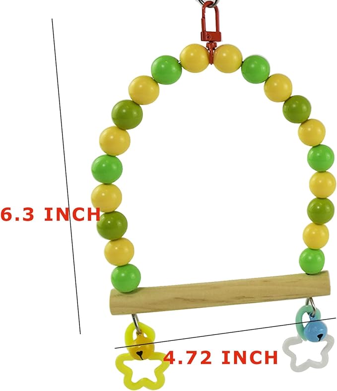Wooden Bird Cage Swing Perch for Parakeets,Small Parrots Swings Stands with Green Yellow Acrylic Beads Bells, Birdcage Playground Gym Accessories Hanging Climbing Toy for Lovebirds Budgies
