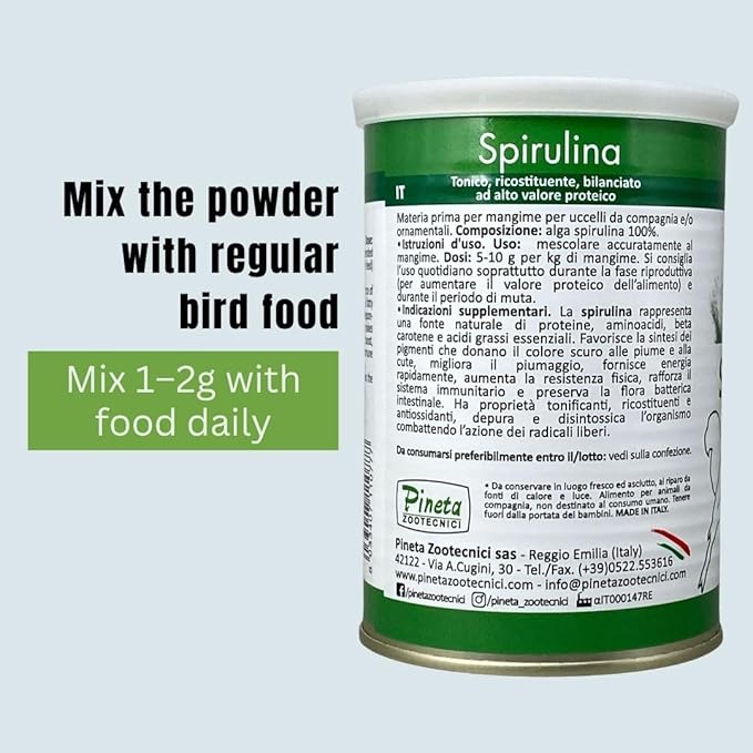 PINETA Spirulina Powder Organic 200g - Spirulina Supplement Bird Food for Canaries and Granivorous Birds - 100% Natural, Immune Support Supplement, Promotes Healthy Molting, Bright Feathers