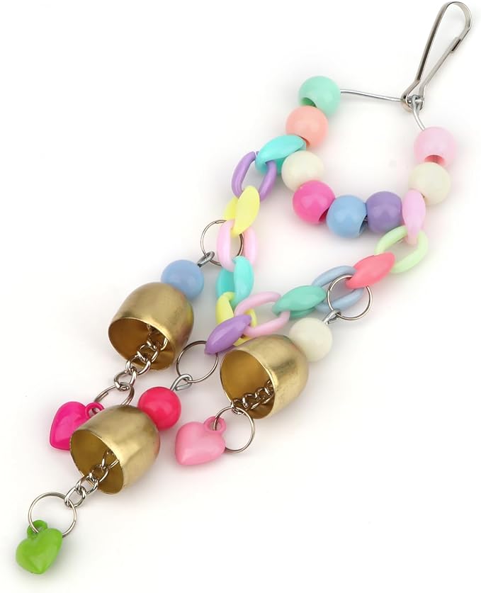Hypeety Bird Bells Toy Hanging Cage Bell with Sweet Sound Colorful Wood Beads Bells for Lovebirds African Greys Cockatoo Macaw Parakeet Cage Hanging Perch Toy (Bell Toy-3 Bells)