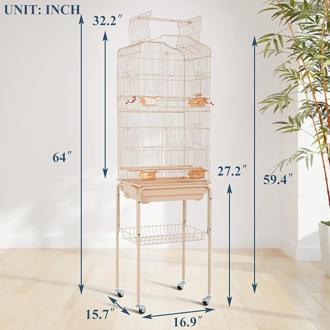 Bird Cages for Parakeets Cockatiels Lovebirds Macaw Conure, Large 64 Inch Open Top Parakeet Cage with Stand & Storage Shelf, White Wrought Iron Flight, Almond