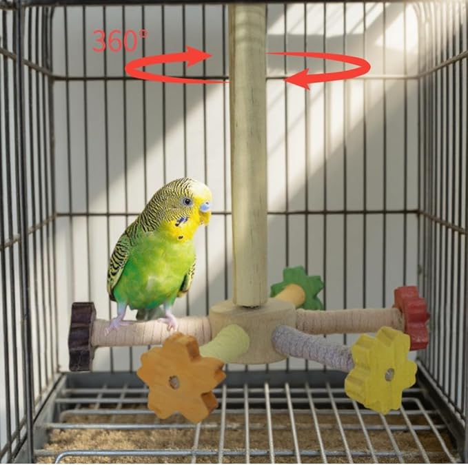 Flower Bird Stand Perch Toy, Interactive Spinning Parakeet Toys, Wooden Exercise Wheel Parrot Toy, Colorful Enrichment Cockatiel Toy for Birds Cage, Bird Cage Accessories Perch Toys for Budgies