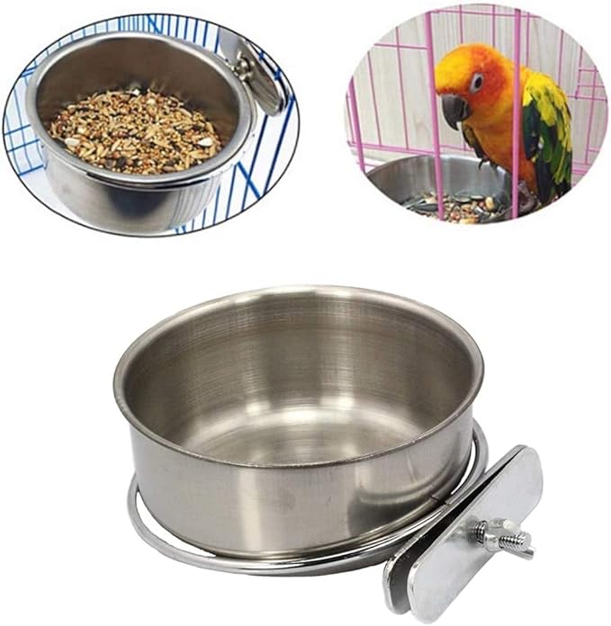 PINVNBY Parrot Feeding Cups Birds Food Dish Stainless Steel Parrot Feeders Water Cage Bowls with Clamp Holder for Cockatiel Conure Budgies Parakeet Macaw Small Animal Chinchilla Pack of 6