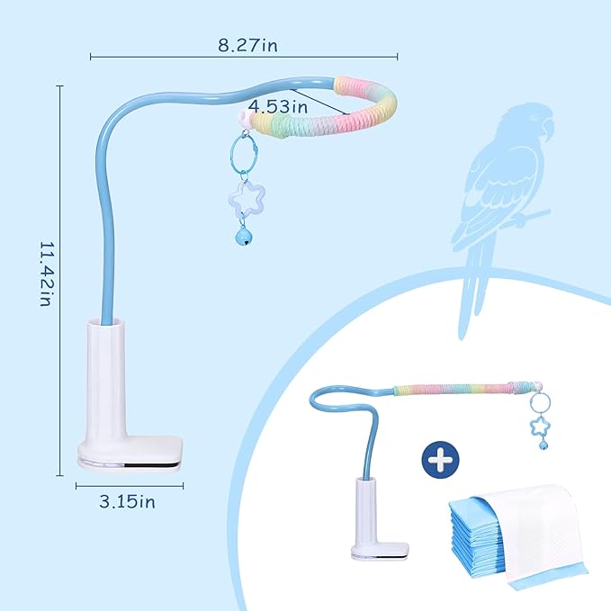 DKE&YMQ Bird Perch Stand with Pet Pad Set - Flexible Desktop Playground & Accessories for Parrots, Parakeets, Cockatiels, and Conures (Blue Medium)