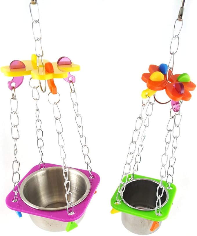 Pet Bird Food Feeding and Drinking Hanging Cup Stainless Steel Coop Hanger Cup and Cup Holder for Parrot Cage Budgie (Small)