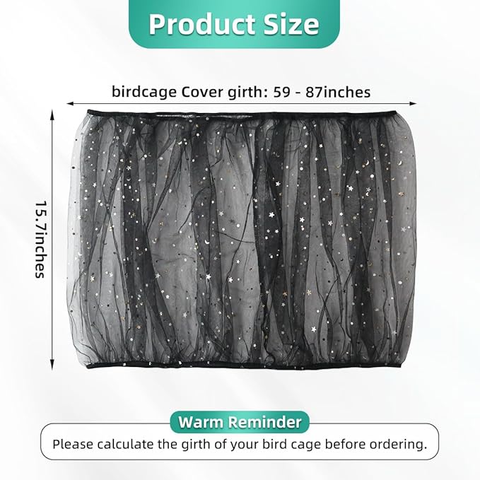 Bird Cage Seed Catcher, Seed Catcher Guard Net Cover, Parrot Nylon Mesh Net Cover, Universal Soft Airy Cage Net Stretchy Skirt for Round Square Cages (Star-Black, 15.7" x87")
