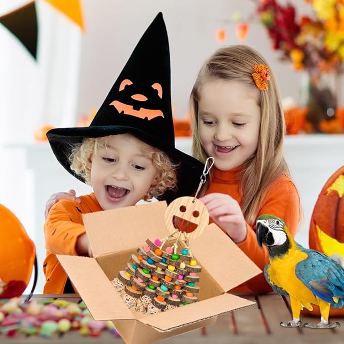 Large Parrot Toys, Multi-Color Wooden Block with Halloween Shape Bird Chewing Toy for Macaws, Cockatoos, African Grey and Large Medium Birds