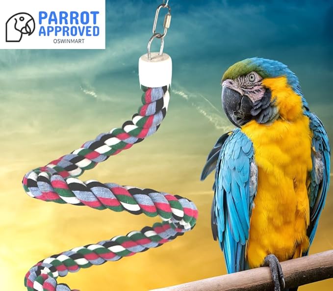 94.4inch Length Colorful Cotton Bendable Rope Perch Swing Bird Chew Toys Amazon Parrots Cage Toys with Bell Swing Climbing Standing Bungee Bird Toys for Regular to Big Size Birds