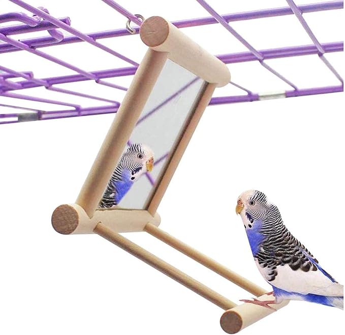 Hamiledyi Bird Mirror Parakeet Mirror Perch Stand Wooden Swing Mirror Toy Cage Accessories for Parrots Budgies Parakeets Cockatiels Lovebirds Finches
