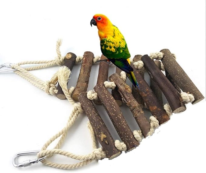 Bird Climbing Ladder Swing Chew Toy Hanging Parrot Perch Stand Toy Flexible Bridge Natural Wood for Parakeet Lovebird Cockatiel African Grey Cockatoo Conure Finch Cage Accessories