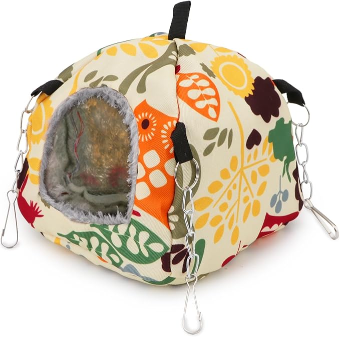 Wontee Bird Plush Hammock Parrot Hanging Snuggle Cave Happy Hut Tent for Parakeet Cockatiel Conure Lovebird Budgie Hamster Gerbil Rat Chinchilla Squirrel Cage (S, Beige Pattern)