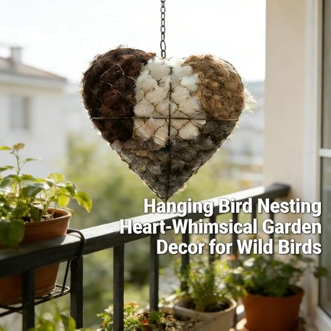 Handmade Fiber Bird Nesting Heart, Hanging Bird Nest Material Holder, Refillable Birds Haven, Alpaca Fiber Birds Material House for Outside Home Garden Yard Patio, Winter Fowl Gift (2PCS)