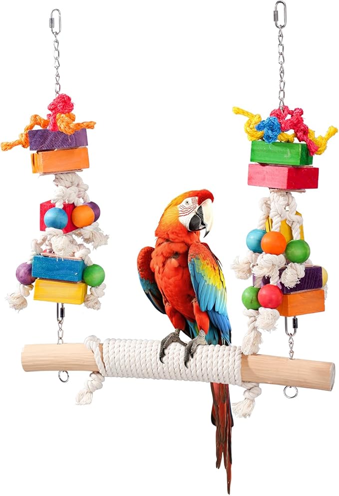 4lb Heavy Duty Bird Toys for Large Parrots - 21.6" Giant Refillable Parrot Toy Swing for Macaws & Cockatoos, Large Natural Wooden Block Chew & Shredding Toy,Beak Health