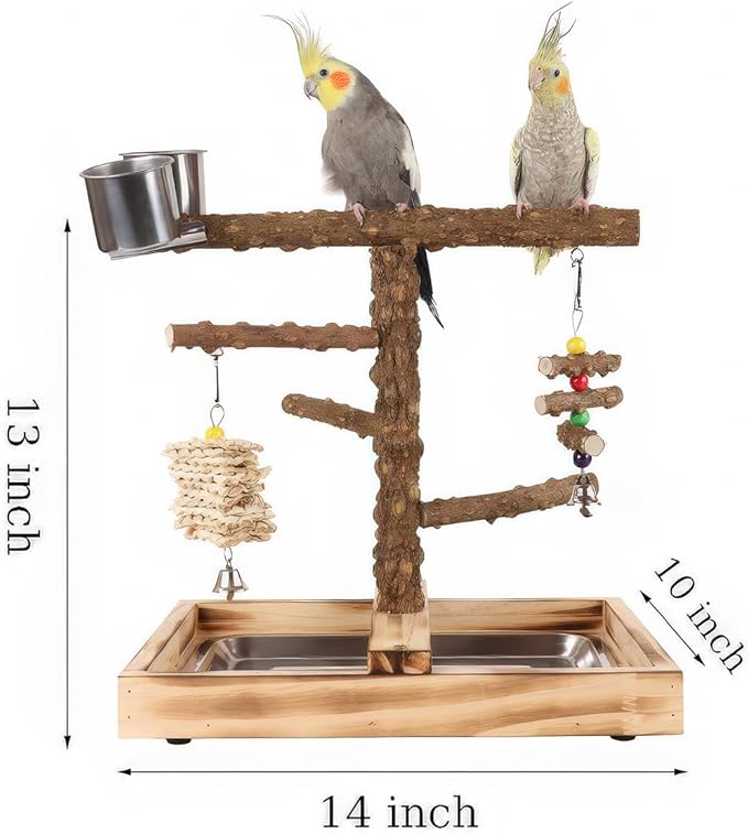 Bird Perch Stand, Natural Wood Bird Perch Stand, Wooden Parrot Perch Stand Fork Toys Hanging Multi-Branch Rope Perch Platform Hammock Swing Toy Chewing Stick Cage Accessories