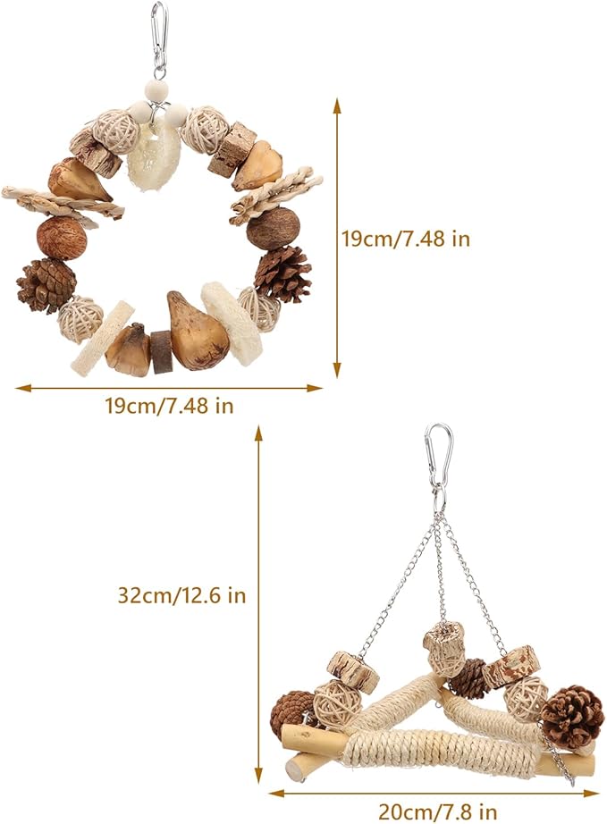 Hypeety Bird Swing for Cage Sisal-Wrapped Natural Wooden Perch Bird Foraging Round Swing Toys Parrot Stable Triangle Hanging Balance Training Toys for Lovebirds Cockatiels Budgies and Small Birds