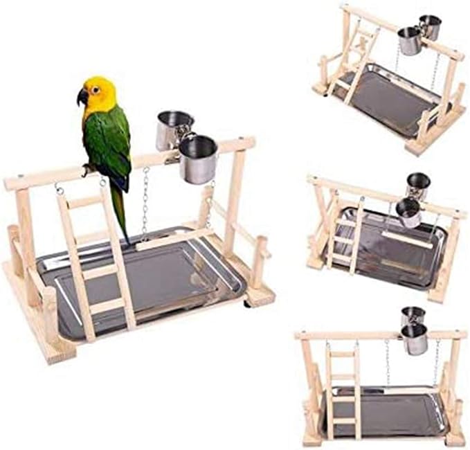 Perch Bird Play Stand Wood Playground with Feeder Cups, Hanging Swing, Ladders Small Animals Gym Tabletop Toys Exercise Play_AB
