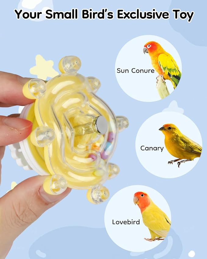 Pawfly Bird Toys for Parakeets, Colorful Spinning Wheel Chew Toy, Interactive Spinner Rattle Parrot Toys, Cockatiel Toy, Parakeet Toys, Bird Cage Accessories for Entertainment Chewing Exercise, Yellow