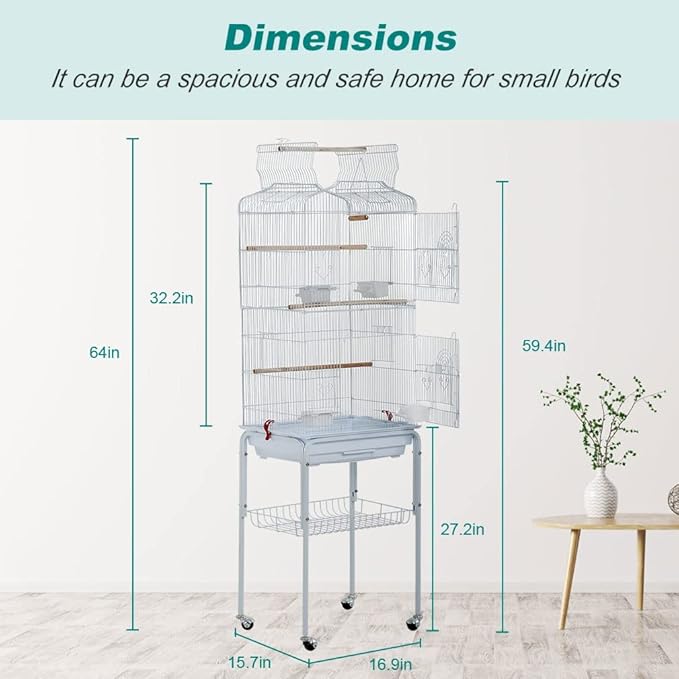 BestPet 64 inch Wrought Iron Bird Cage for Parakeets Medium Small Parrots Parakeet Cage with Detachable Rolling Stand & Play Open Top for Cockatiels Lovebird Finches Canaries,White