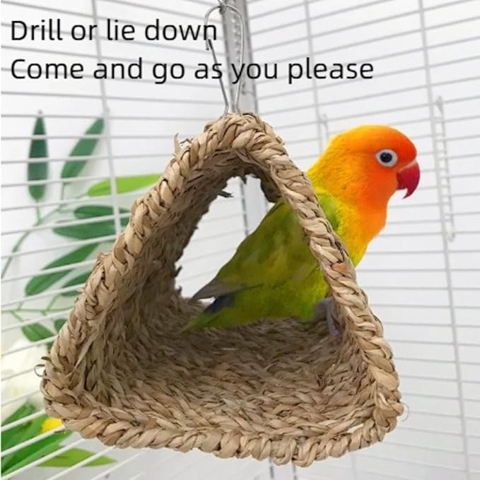 Seagrass Bird Triangle House Sea Grass Tent Parrot Tunnel with Hole Natural Hanging Hammock Swing Nest Bird Snuggle Hut Toy for Hamster Lovebird Budgie Conure Cockatiel (Large)