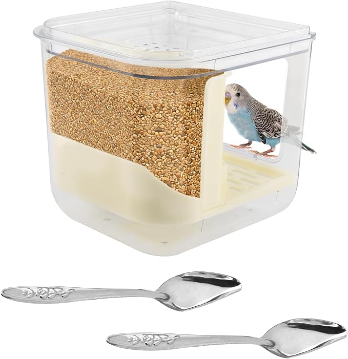 Automatic Bird Feeder with 2 Spoons, No Mess Bird Feeder for Cage, Transparent Bi-rd Cage Accessories for Parakeet Canary Cockatiel Finch(Color:White)