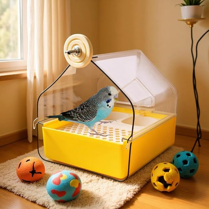 4-in-1 Bird Bath & Feeder for Cage | Easy-Clean Pull-Out Drawer, Leakproof & Transparent Pool | Hanging House & Poop Perch | Parakeets, Lovebirds, Finches